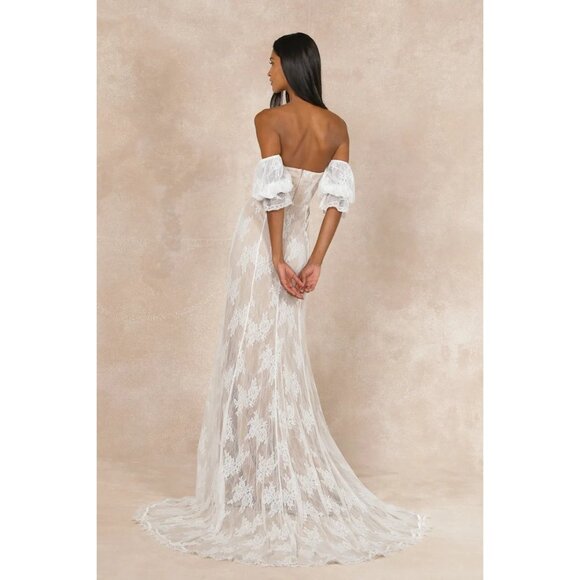 Lulus Wedding Loving Beauty White Lace Puff Sleeve Off The Shoulder Maxi Dress L - Picture 3 of 13